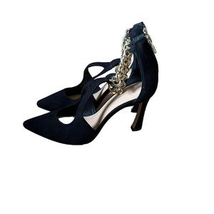 Antonio Melani Tiaa Black Suede Gold Chain Heels Size 8